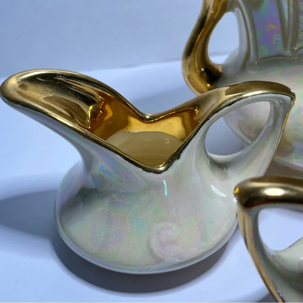 Vintage Pearl China Co. 3-Piece Lusterware Console Set 22K Gold Trim USA